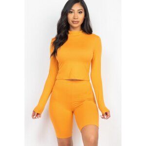 Women's 2-Piece Mock Neck Top & Biker Shorts Set Stretchy Spandex Size M